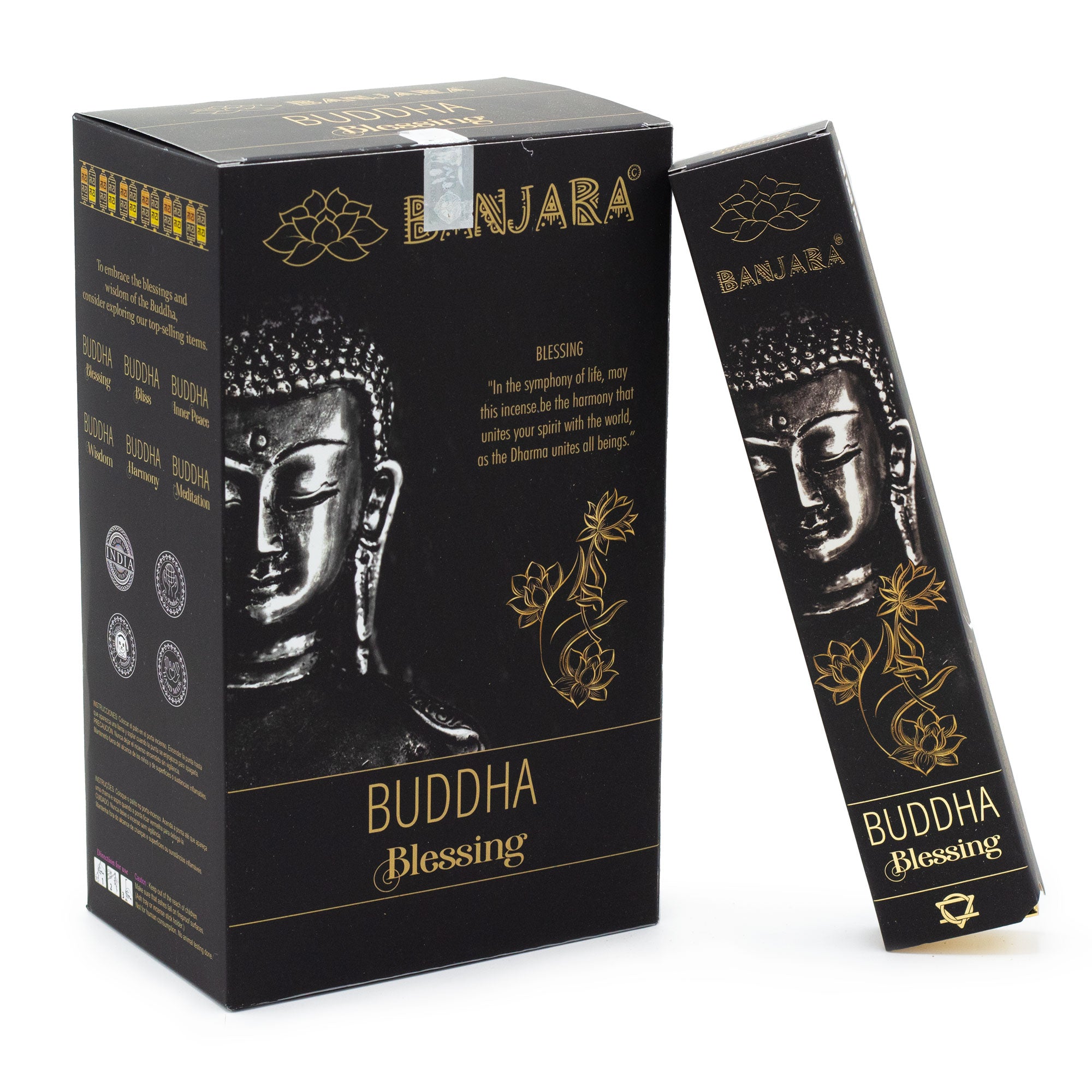 Caja de incienso Banjara Buddha Bendición (Blessing) de color negro con una imagen estilizada de Buda en tonos dorados y el texto 'Buddha Blessing'. Se observa la caja principal y una caja más delgada en ángulo, ambas destacando el diseño elegante y el nombre del incienso, ideal para aromaterapia y armonía en el hogar