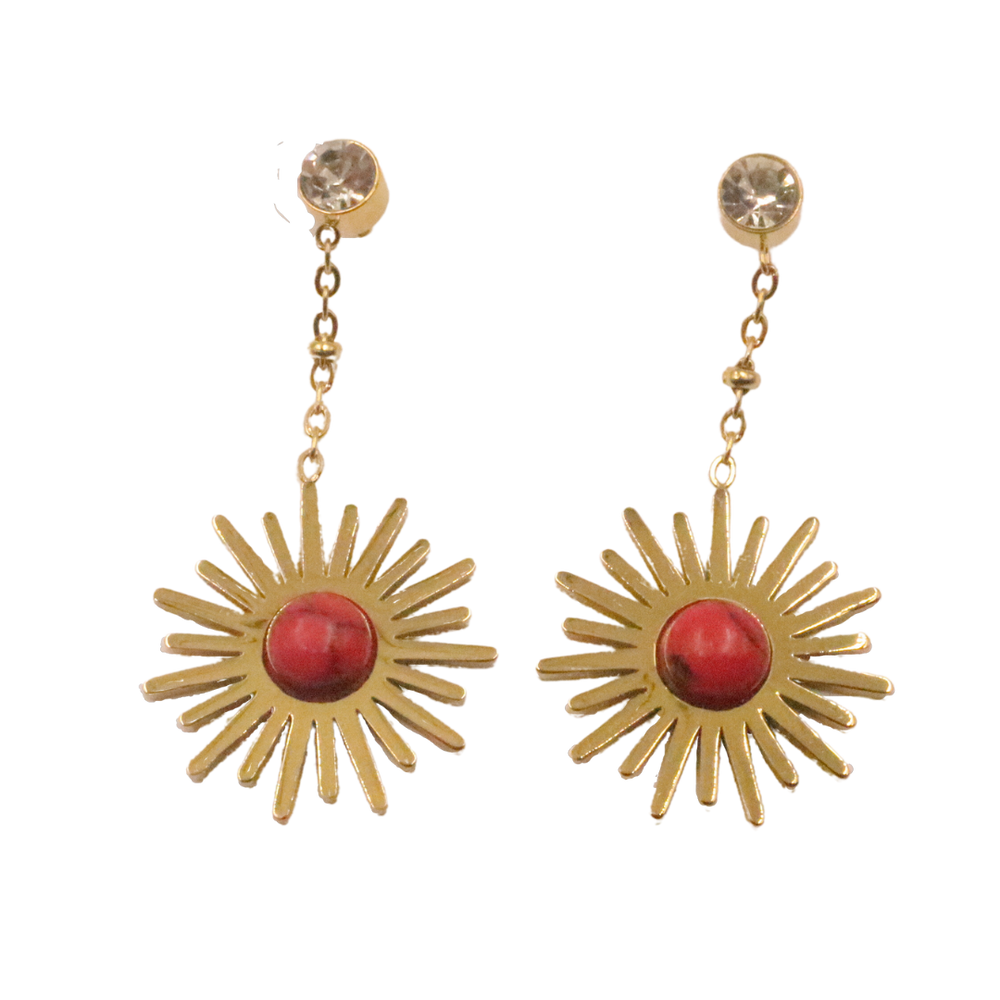 Pendientes colgantes con circonita y piedra roja en forma de sol