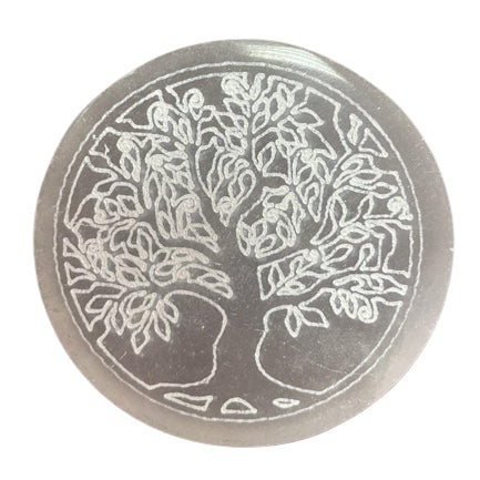 Placa de Selenita Circular con Grabado del Árbol de la Vida - 8 cm