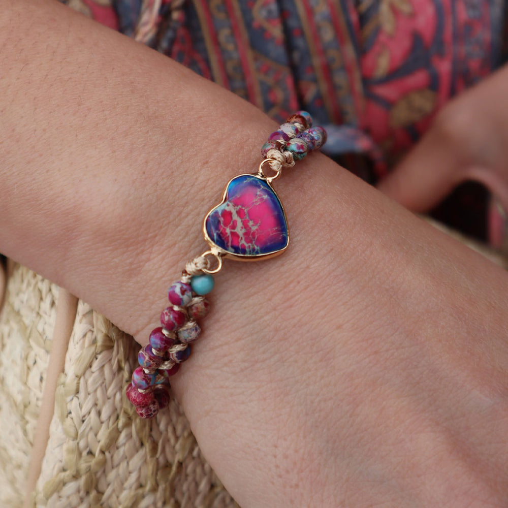 Pulsera con Piedra Jaspe en Forma de Corazón con Cierre Deslizante