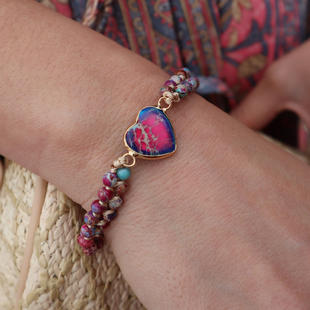Pulsera con Piedra Jaspe en Forma de Corazón con Cierre Deslizante
