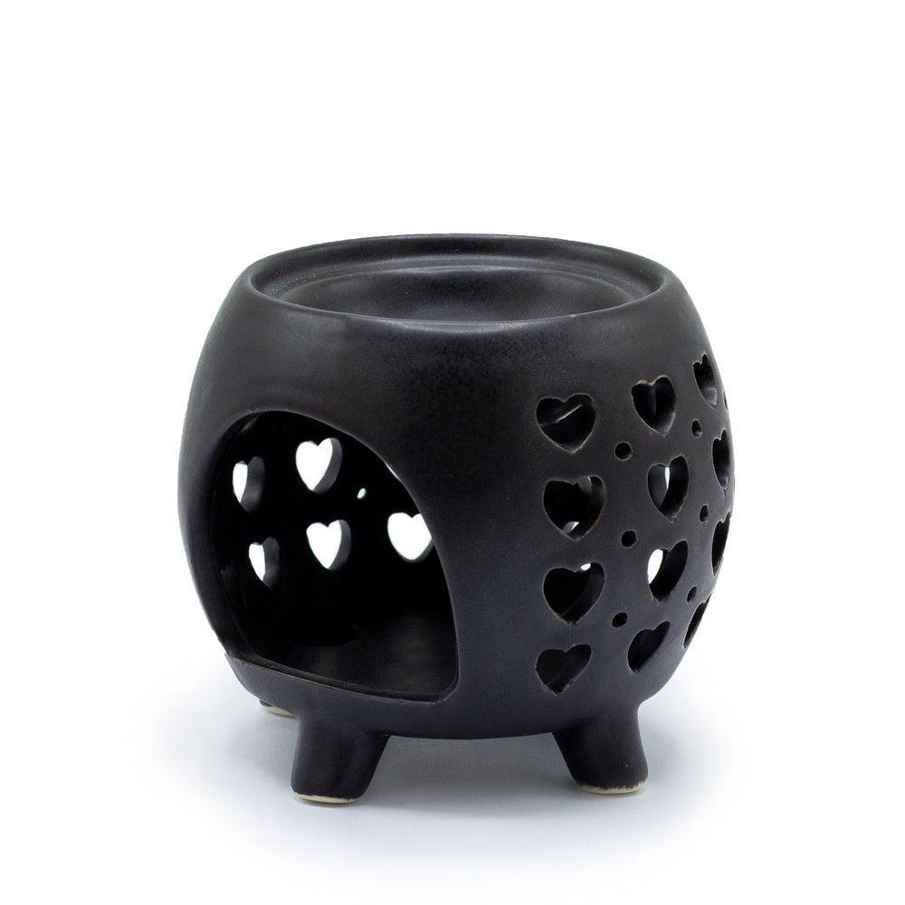 Quemador de Aceite Negro Mate con Diseño de Corazones