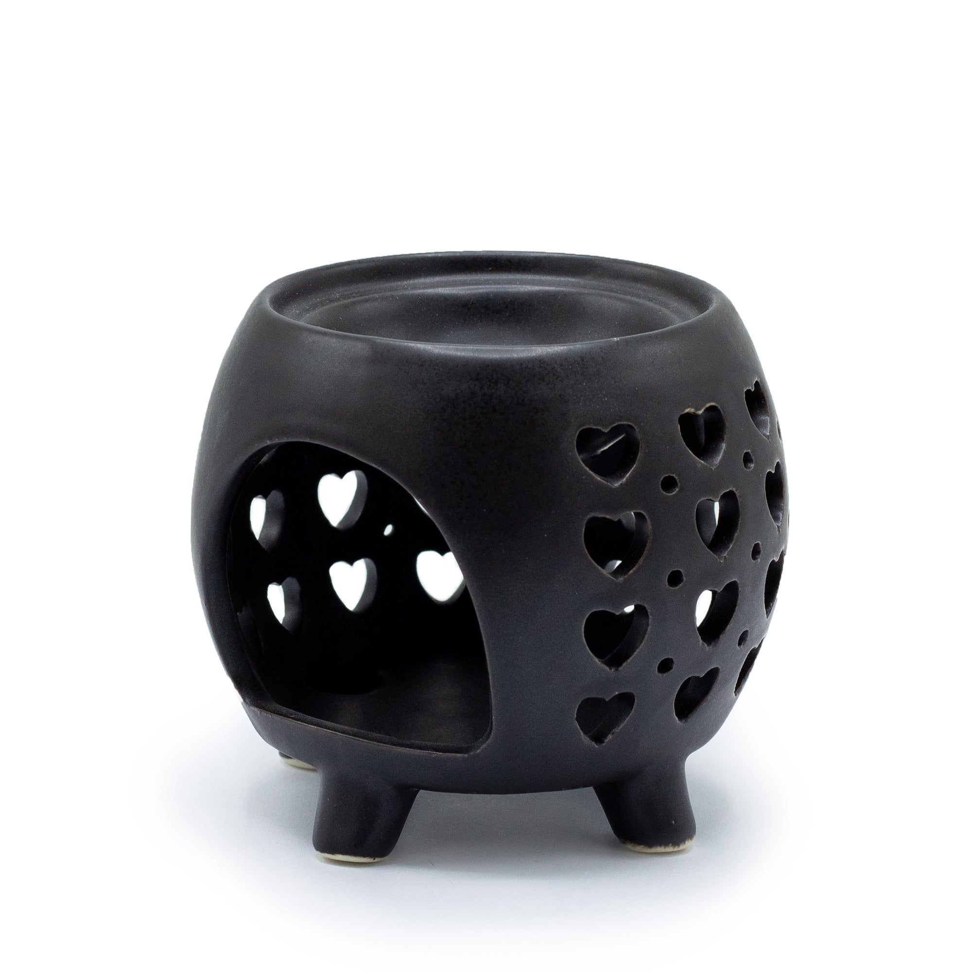 Quemador de Aceite Negro Mate con Diseño de Corazones