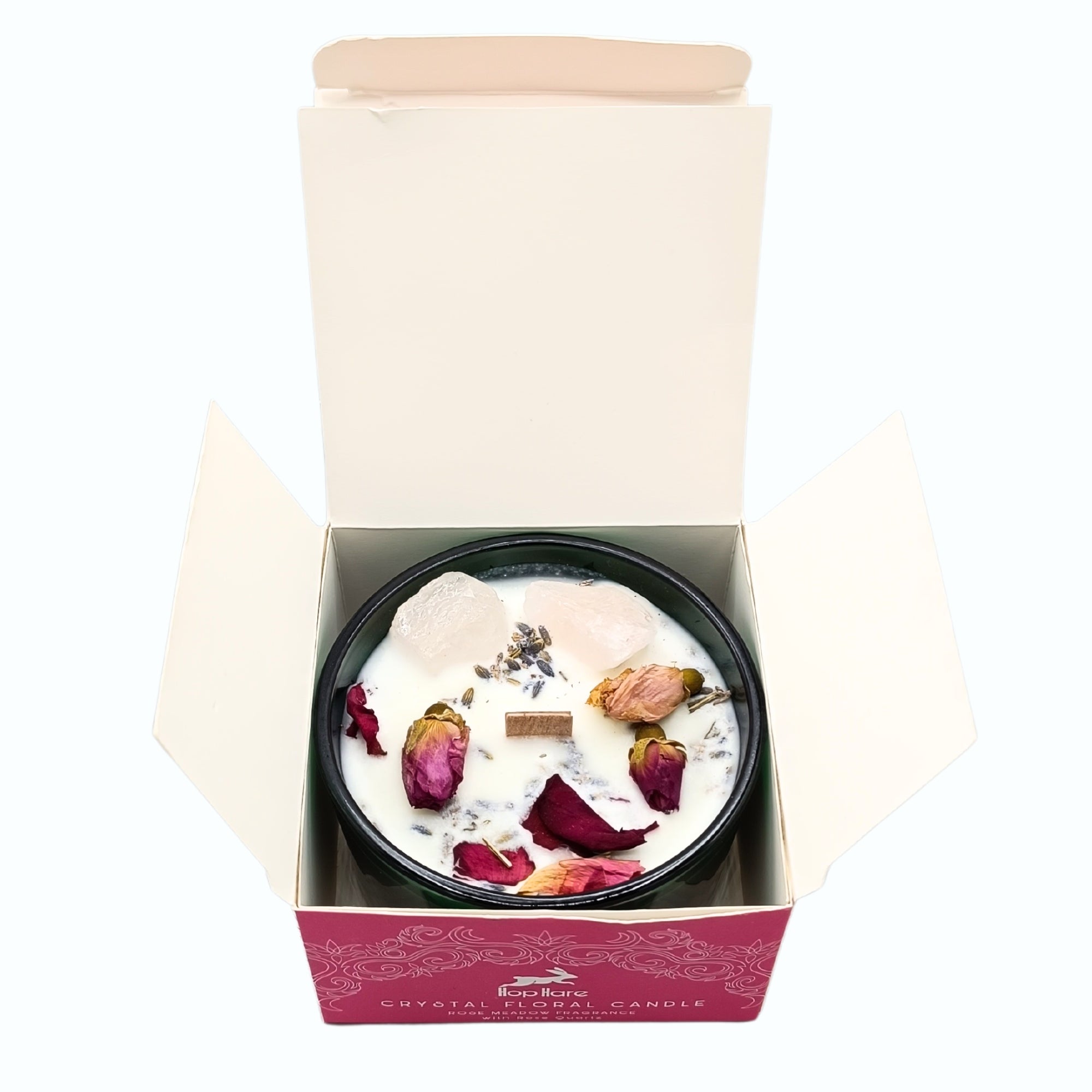 vela aromatica hop hare con cristales cuarzo rosa dentro de su caja original