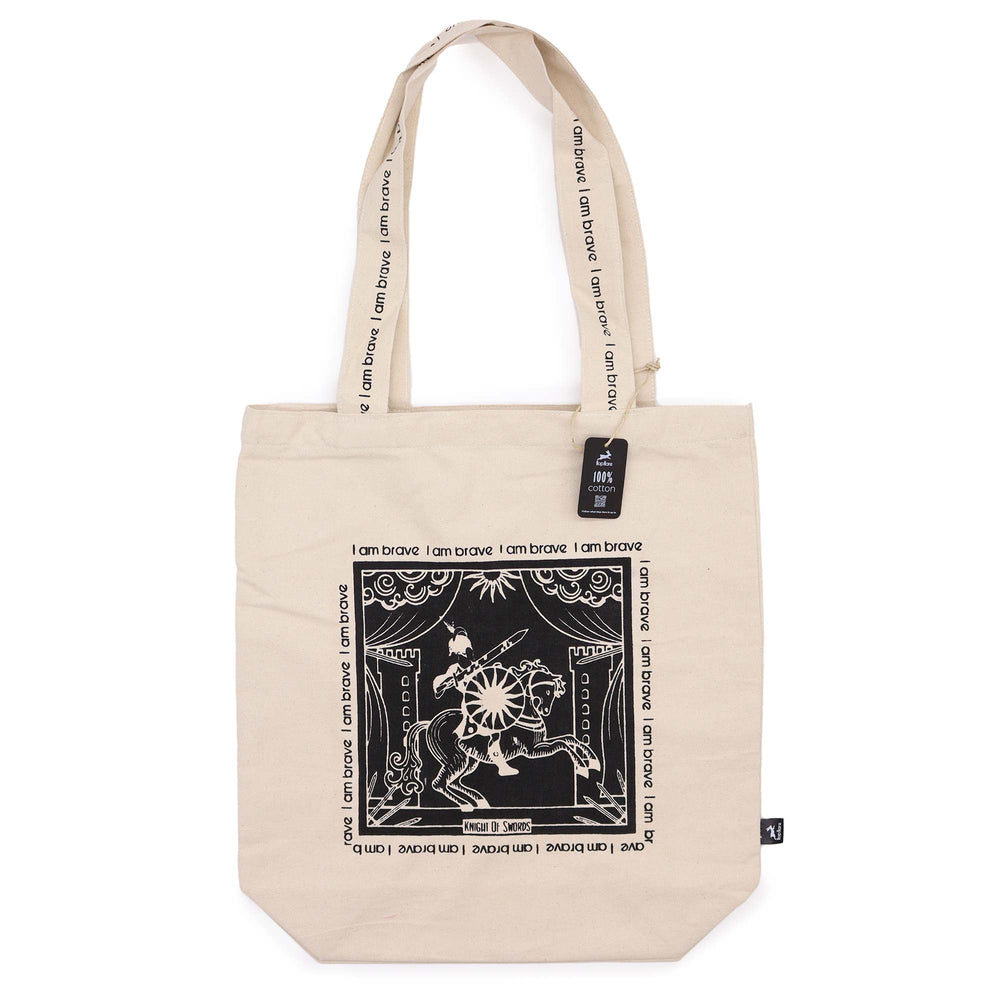 Tote Bag de Algodón Blanca con Diseño de Tarot – "I Am Brave"